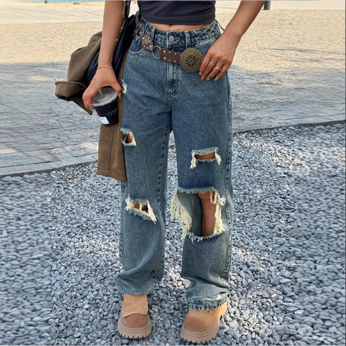 Damen Weite Vintage-Ripped-Jeans mit hoher Taille, großflächigen Knierissen und relaxed Straight-Leg Echo Archiv