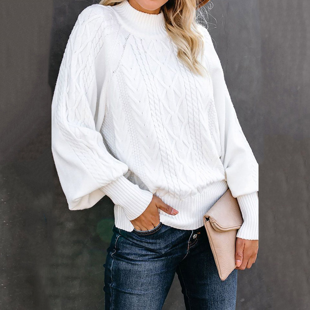 Damen nan Zopfmuster-Strickpullover mit Rollkragen und Ballonärmeln Echo Archiv