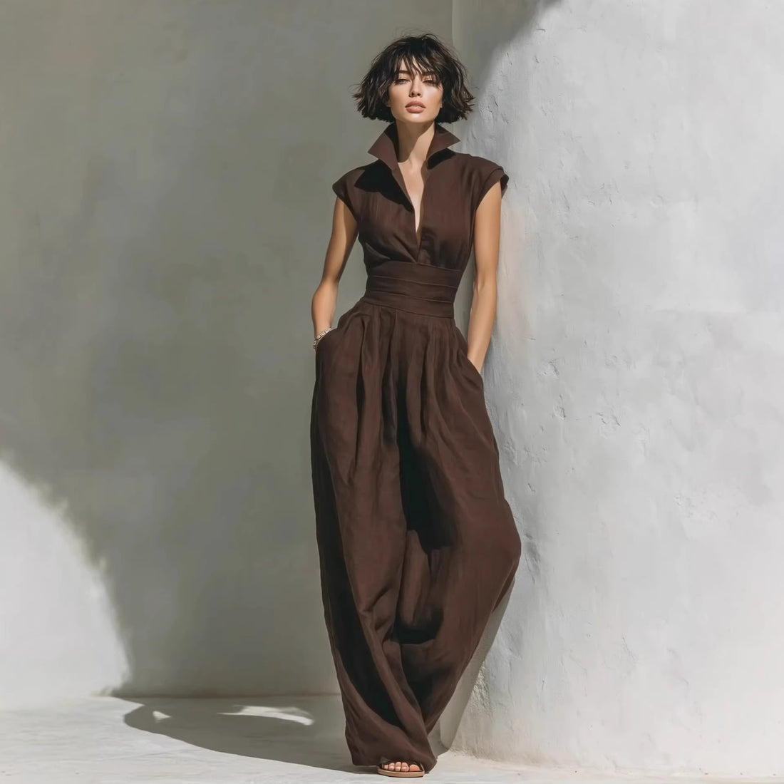 Damen Jumpsuit mit weitem Bein, tailliertem Wickelbund und Stehkragen Echoarchiv