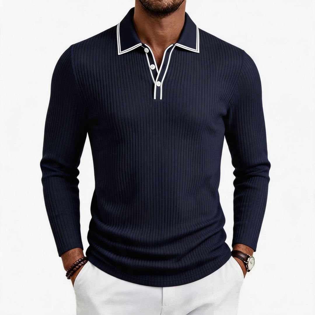 Herren fein geripptes Langarm-Poloshirt aus elastischer Merino-Mixqualität mit Kontrastkanten – Cavello