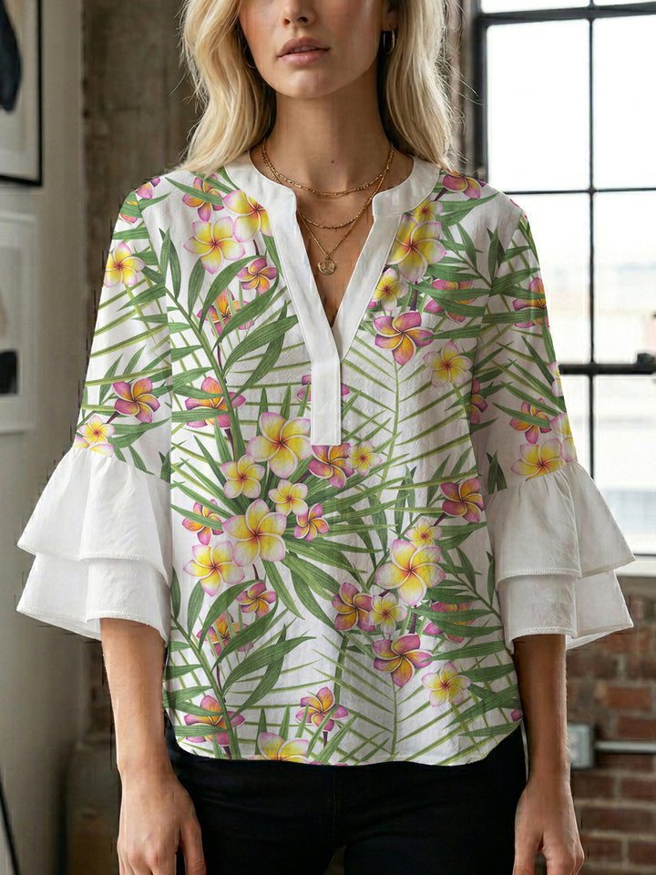 Damen Bluse mit voluminösen Rüschenärmeln und floralem Muster Echo Archiv