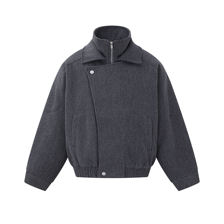 Herren Boxy Wollmix-Blousonjacke mit asymmetrischem Doppelverschluss und hohem Stehkragen Echoarchiv