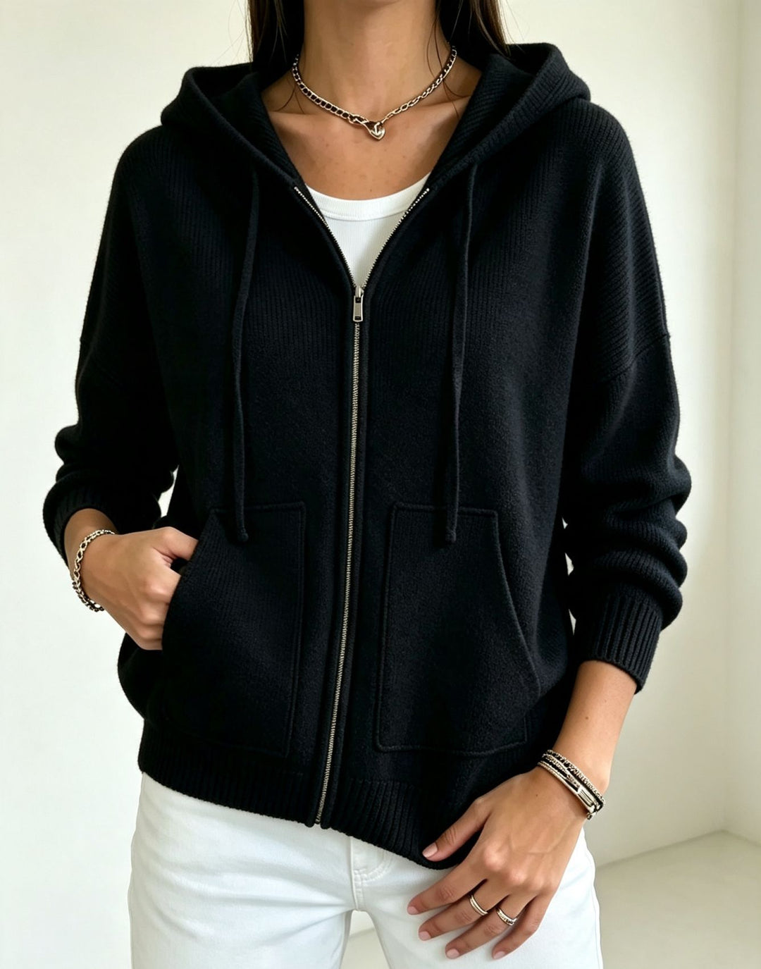 Damen Kapuzen-Wollmix Zip-Cardigan mit kastiger Passform und Kängurutaschen – Auréline