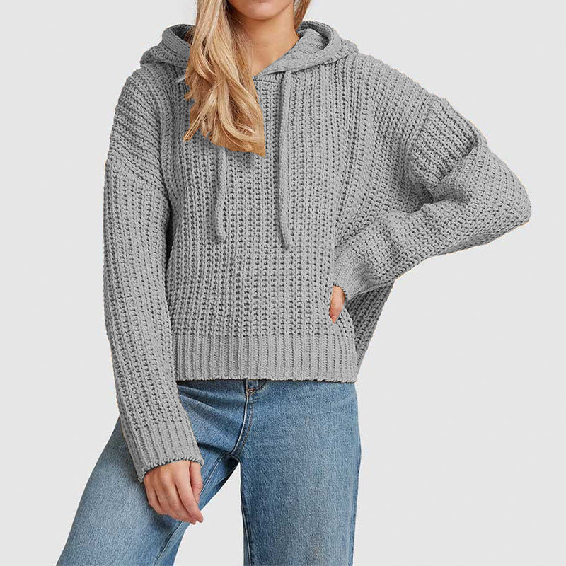 Damen Grobstrick-Kapuzenpullover mit Waffelstruktur, überschnittener Schulter und kurzem Saum Echo Archiv
