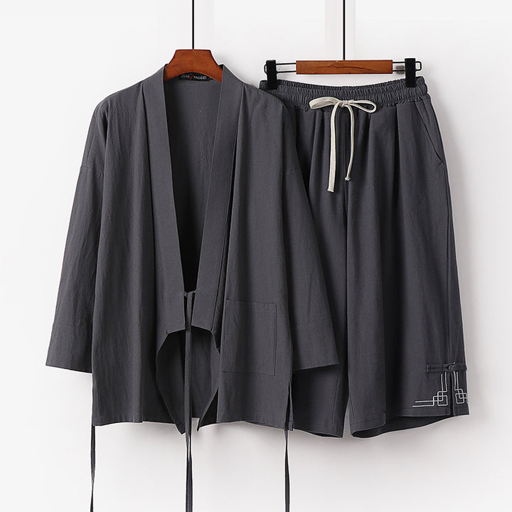 Damen Zen-Kimono-Lounge-Set aus atmungsaktivem Baumwollmix mit Bindebandjacke und weiten Culotte-Hose Echoarchiv