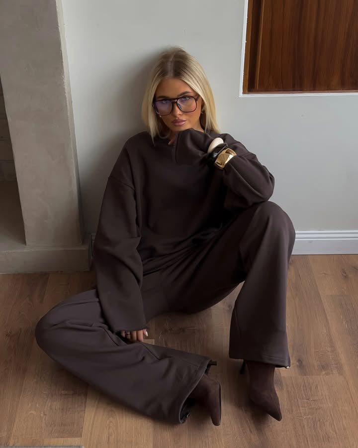 Damen Oversized Loungewear-Set mit Relaxed-Longsleeve und weitem High-Waist-Jogger – Élanora