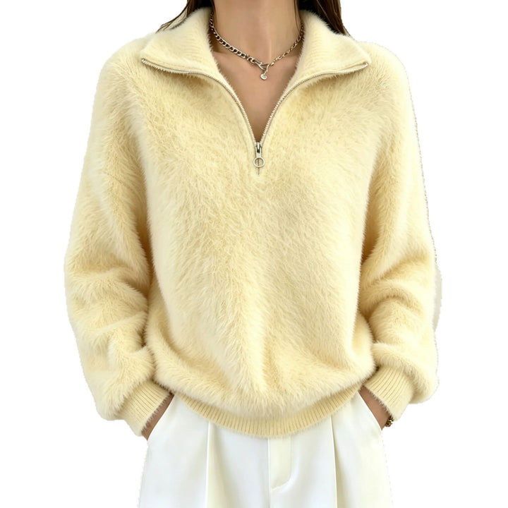 Damen Flauschiger Halbzipp-Pullover mit Stehkragen – Mavelle