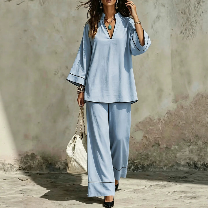 Damen Lässiges zweiteiliges Leinenoptik-Loungewear-Set mit Stehkragen, V-Ausschnitt und weitem Beinschnitt Echoarchiv
