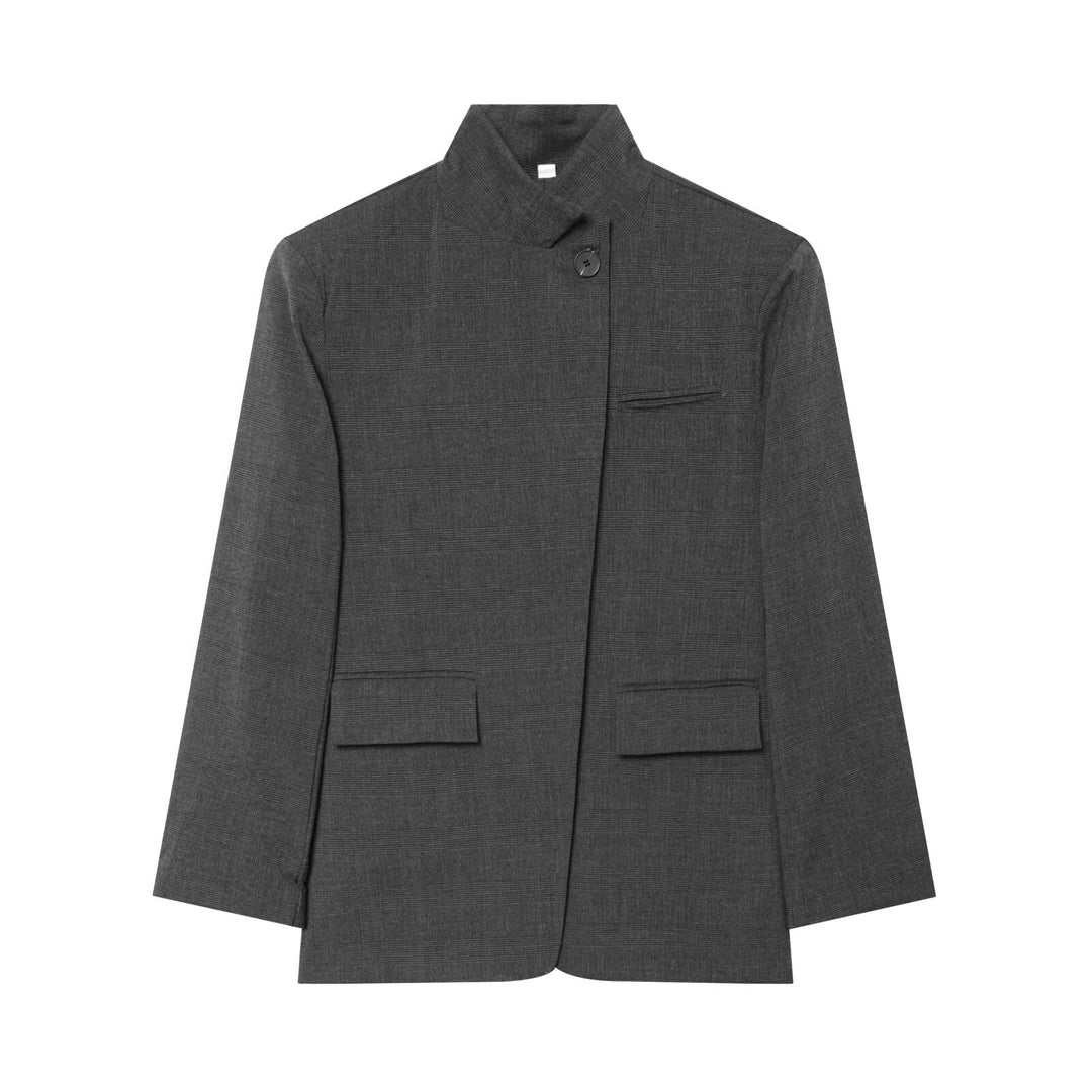 Damen Karierter Longblazer mit Stehkragen, verdeckter Knopfleiste und Pattentaschen Echoarchiv