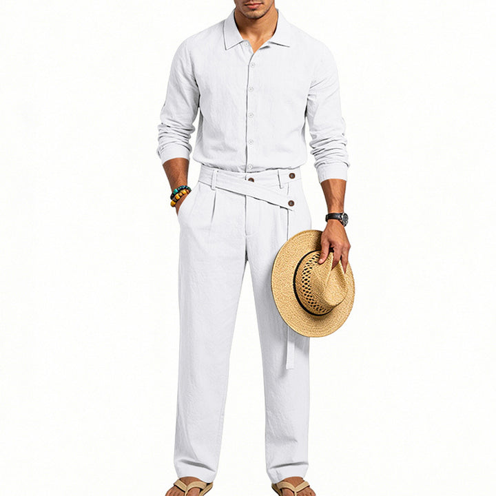 Herren nan eleganter Leinen-Zweiteiler mit Hemd und Hose mit hohem Bund und Bindegürtel Echo Archiv