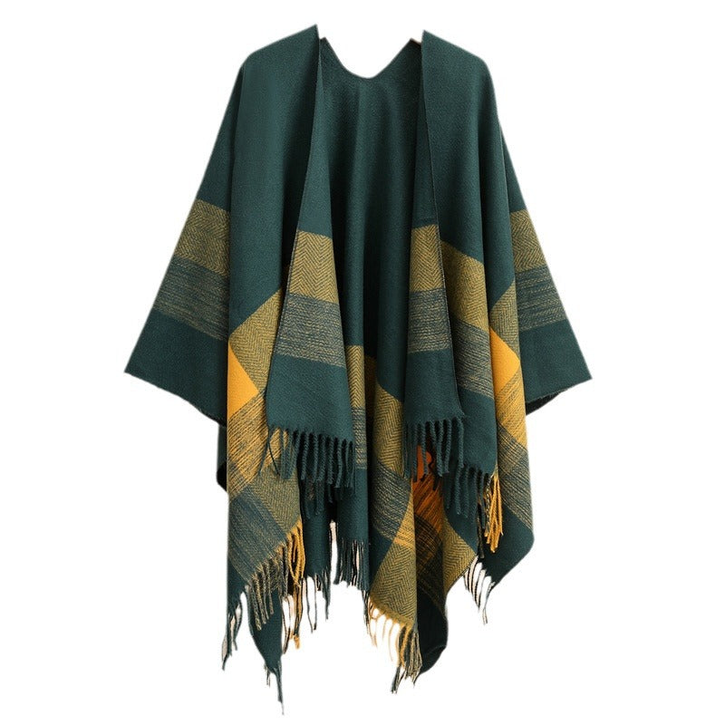 Damen Capeponcho aus Wollmix mit Ärmelschlitzen, offener Front und Fransenabschluss – Célinea