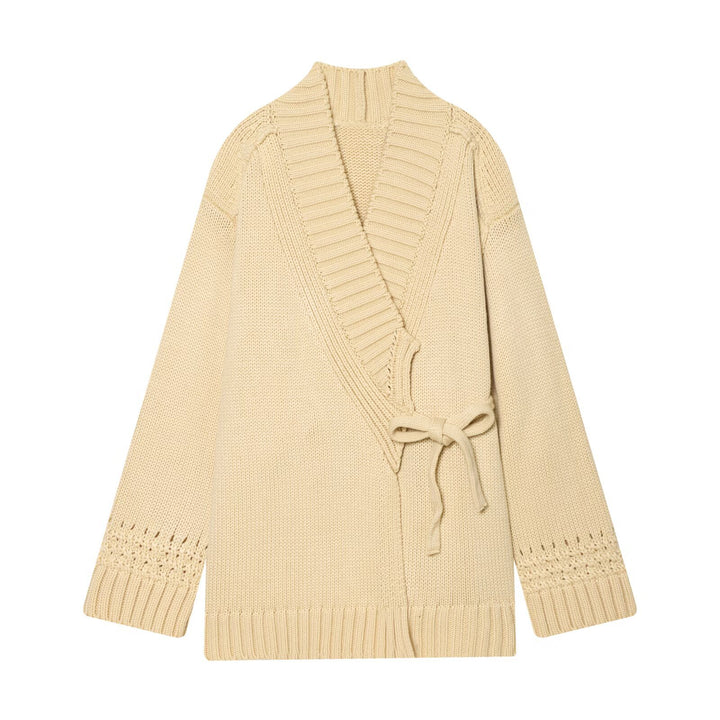 Damen Wickel-Strickcardigan mit Schalkragen, Bindegürtel und Häkelärmeln Echo Archiv