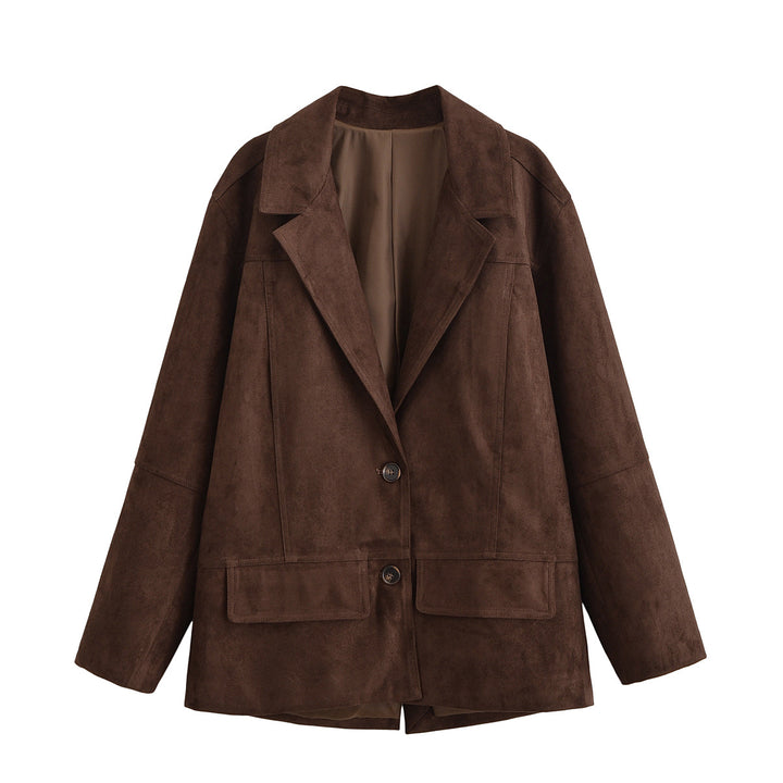 Damen Oversize Wildlederoptik-Blazerjacke mit Reverskragen und Pattentaschen Echo Archiv