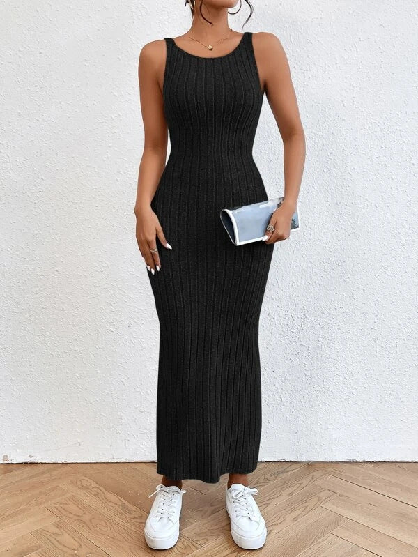 Damen figurbetontes Langarm-Maxikleid mit Rippenstruktur und Rundhalsausschnitt Echo Archiv