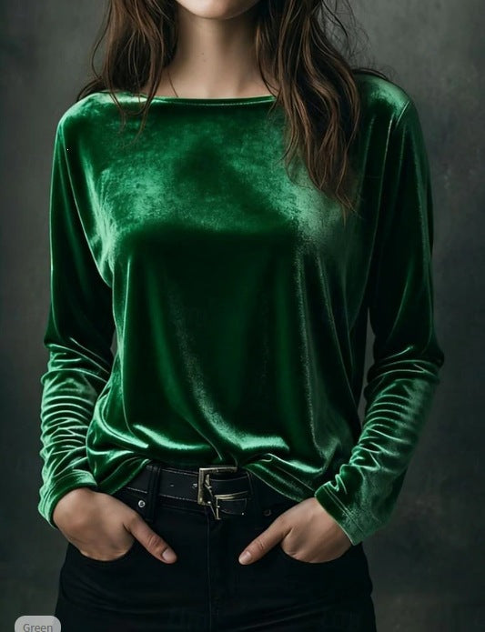 Damen Feines Velours-Langarmshirt mit U-Boot-Ausschnitt und kastiger Silhouette Echoarchiv