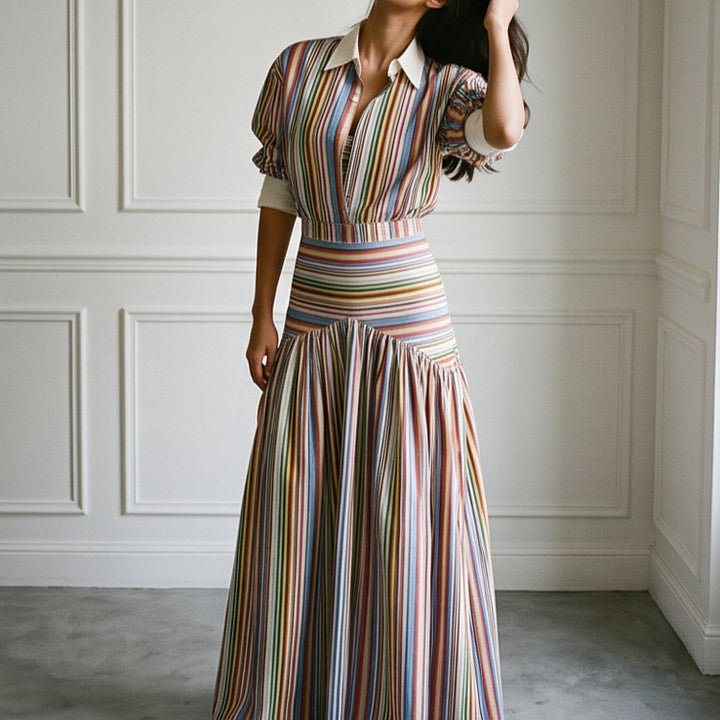 Damen Maxikleid mit Hemdkragen, tailliertem Bund & mehrlagigem Stufenrock Echoarchiv