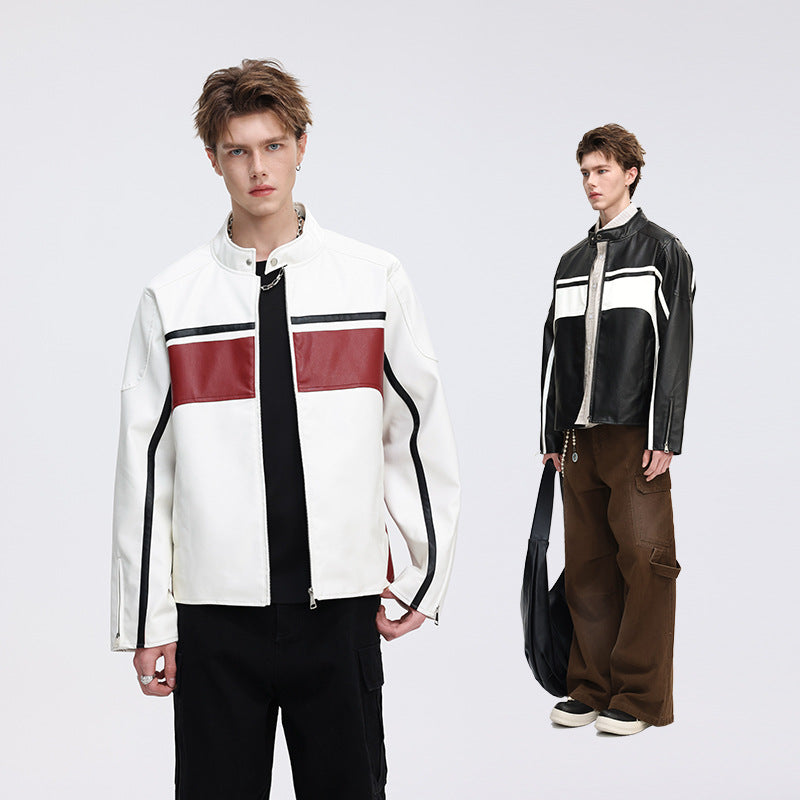 Herren Kontrast-Kunstleder-Bikerjacke mit Stehkragen und Zip-Ärmeln Echoarchiv