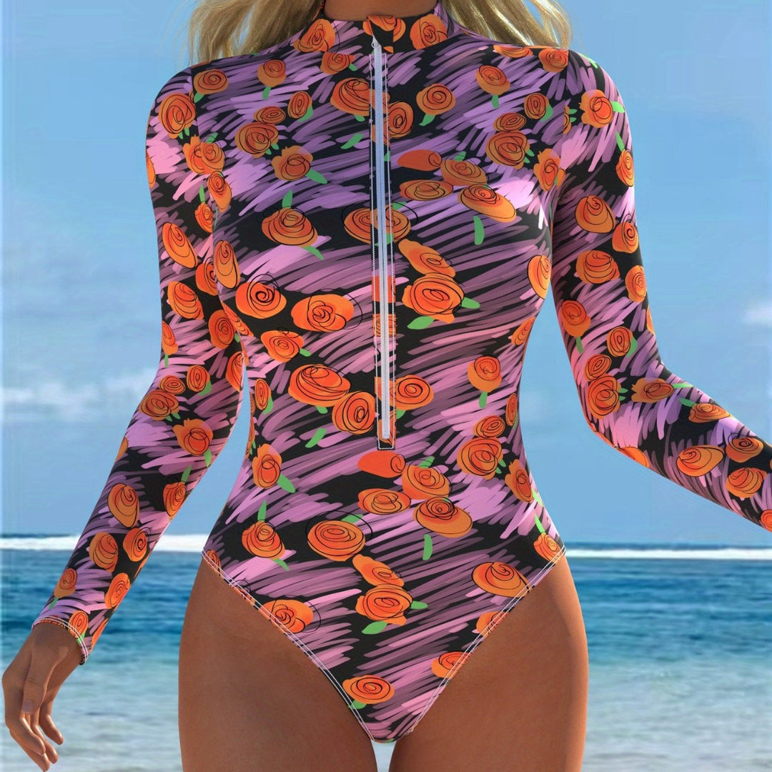 Damen Langarm-Badeanzug mit Reißverschluss und floralem Design Echo Archiv