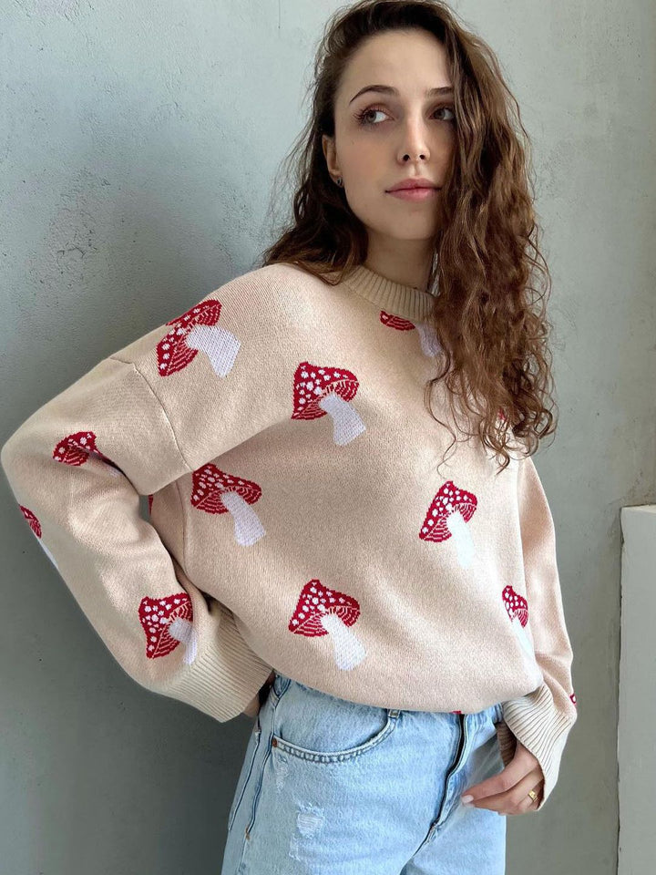Damen weiter Strickpullover mit Pilzmotiv Rundhals Rippbündchen – Mavelle