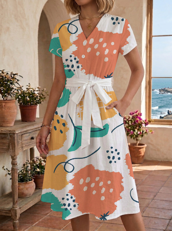 Damen Midikleid mit farbenfrohem Blumendesign und taillierbarem Bindegürtel Echo Archiv