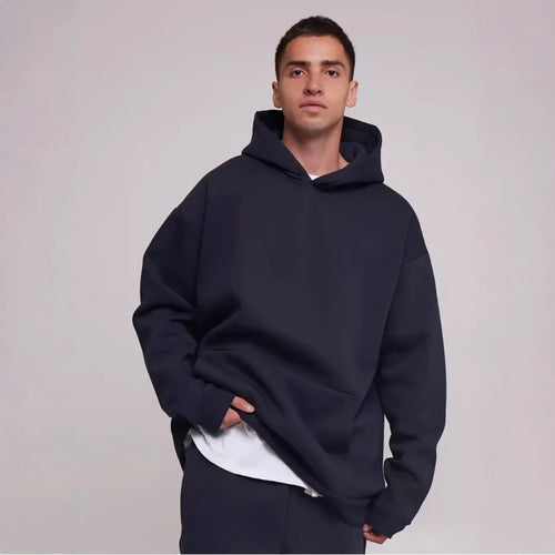 Herren schwerer Fleece-Boxy-Hoodie mit tiefem Schulterfall verstärkter Kapuze und Kängurutasche – Cavarno