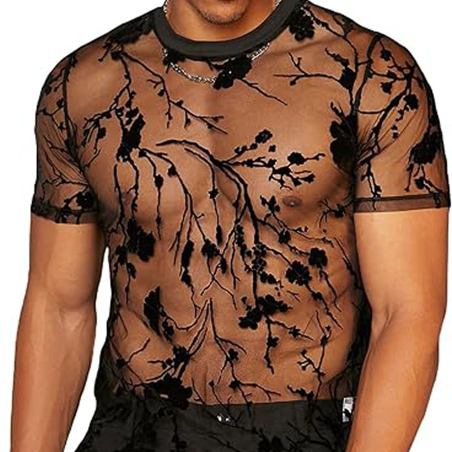 Damen nan transparentes Netz-Oberteil mit floraler Samtstickerei und Rundhalsausschnitt Echo Archiv