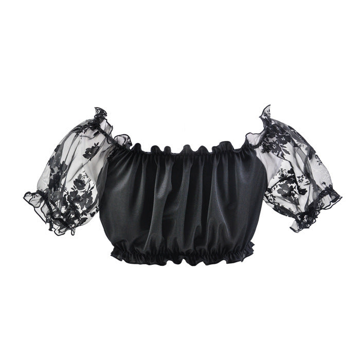 Damen nan gerafftes Carmen-Bauchfreies Top mit Puffärmeln und elastischem Saum Echo Archiv