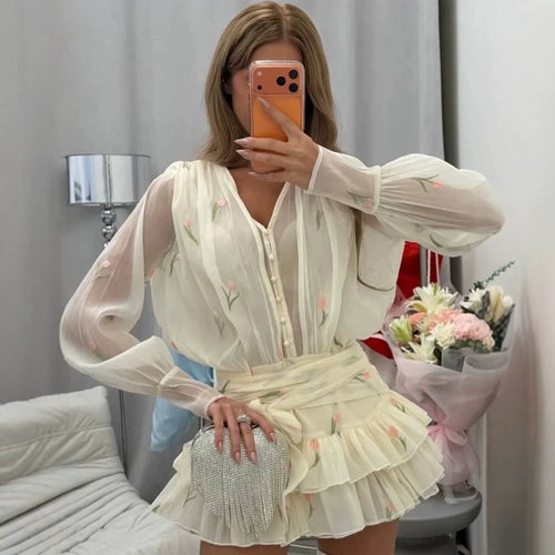 Damen Zweiteiliges Chiffon‑Set mit bestickter Transparentbluse und Volant‑Minirock Echoarchiv