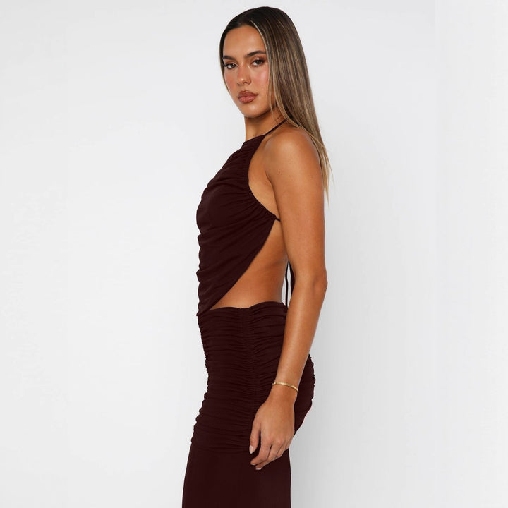 Damen Elegantes Maxikleid mit asymmetrischem Halterhals und ausgefallenem Schlitz Echo Archiv