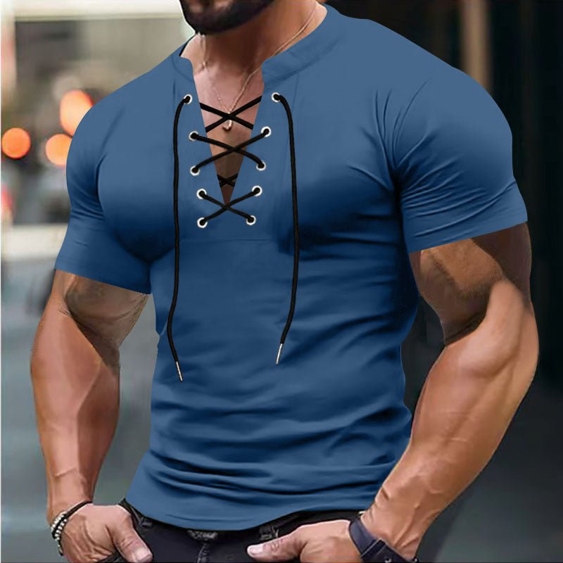 Herren Kurzarm-Henley-Shirt mit modischem Schnürdesign und körperbetonter Passform Echoarchiv
