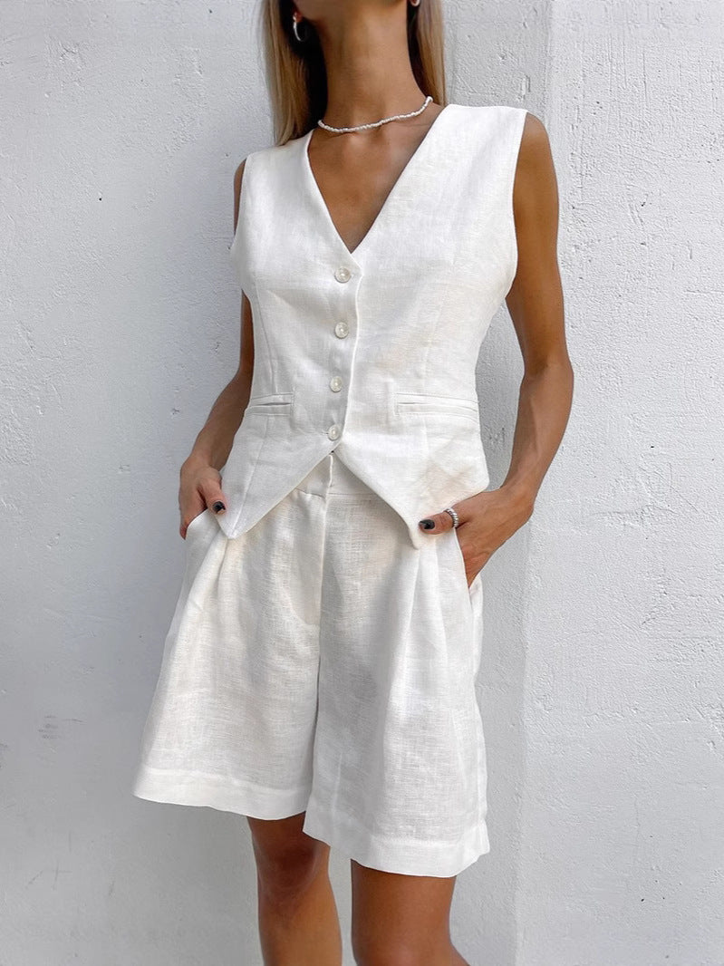 Damen luftiges Leinen-Set mit ärmellosem Blazer und Shorts Echoarchiv