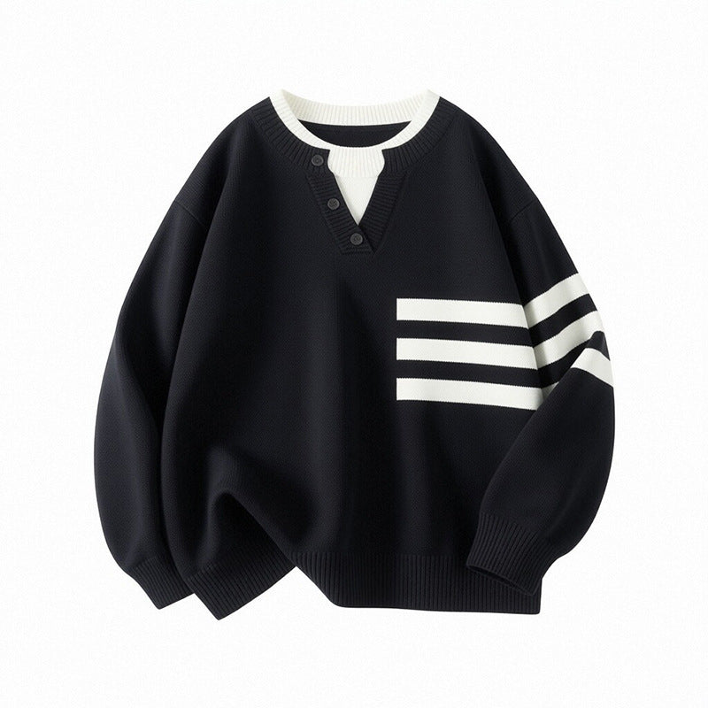 Damen Sportlicher Oversize Pullover mit Knopfleiste und Streifen Echo Archiv
