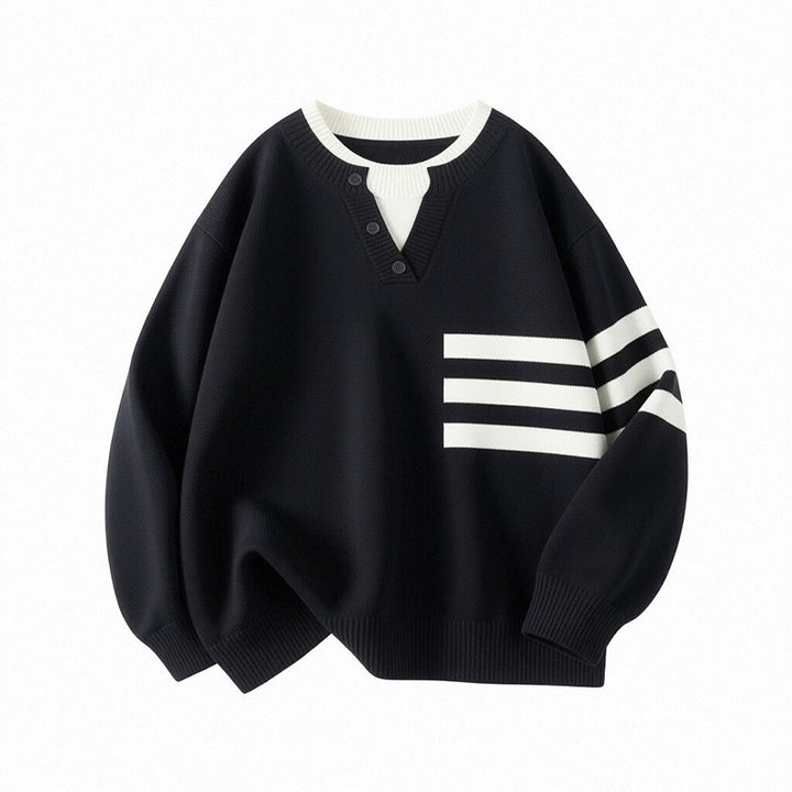 Damen Sportlicher Oversize Pullover mit Knopfleiste und Streifen Echo Archiv