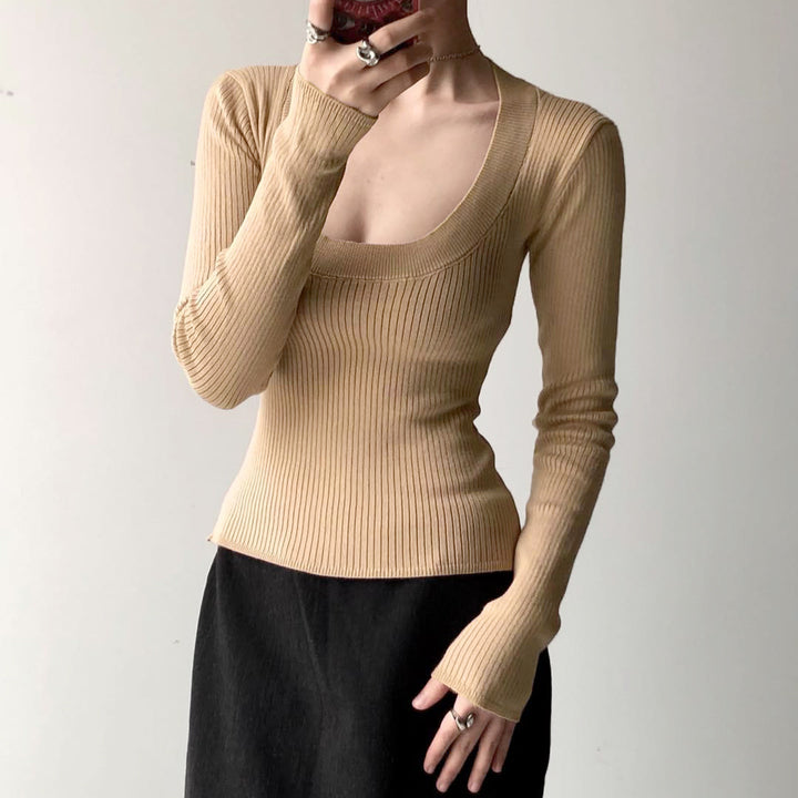 Damen Enganliegendes geripptes Langarmshirt mit tiefem U-Ausschnitt Echo Archiv