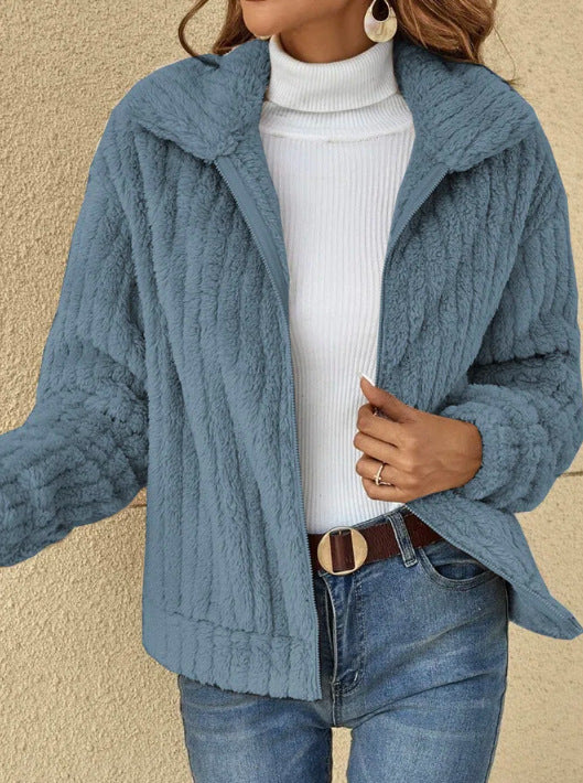 Damen nan kuschelige Teddyjacke mit durchgehendem Reißverschluss, Stehkragen und Eingrifftaschen Echo Archiv