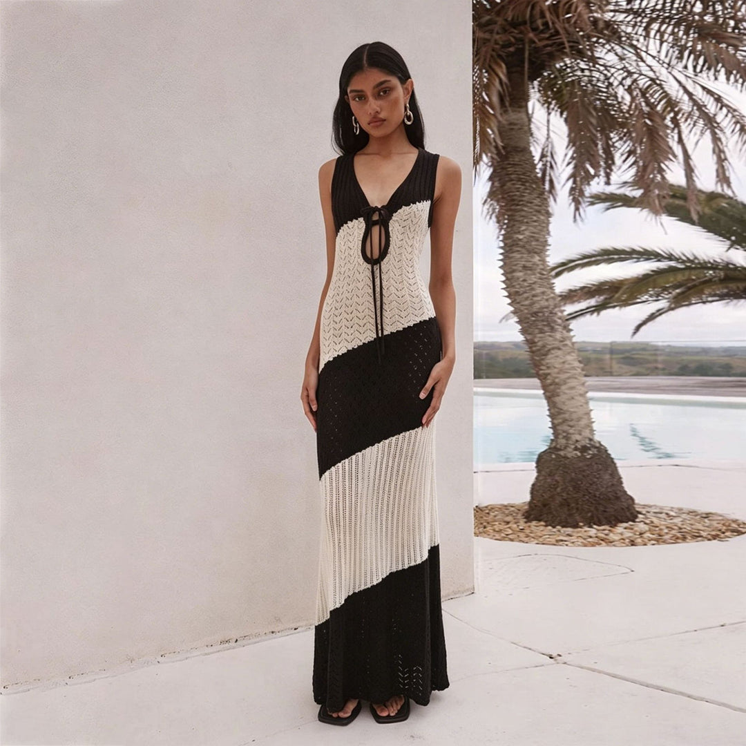 Damen gehäkeltes Maxikleid mit tiefem V-Ausschnitt und Bindegürtel Echo Archiv