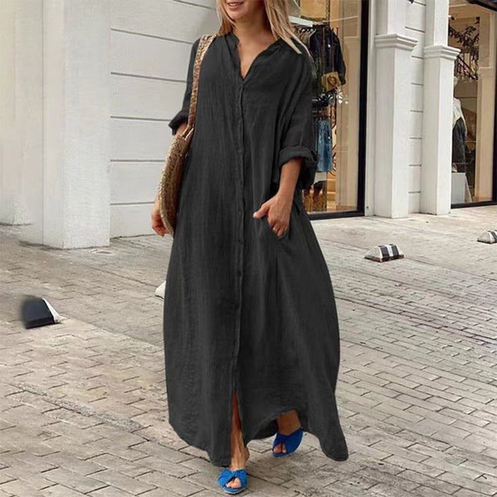 Echoarchiv | Einreiher Baumwoll-Leinen Plus Size Langkleid