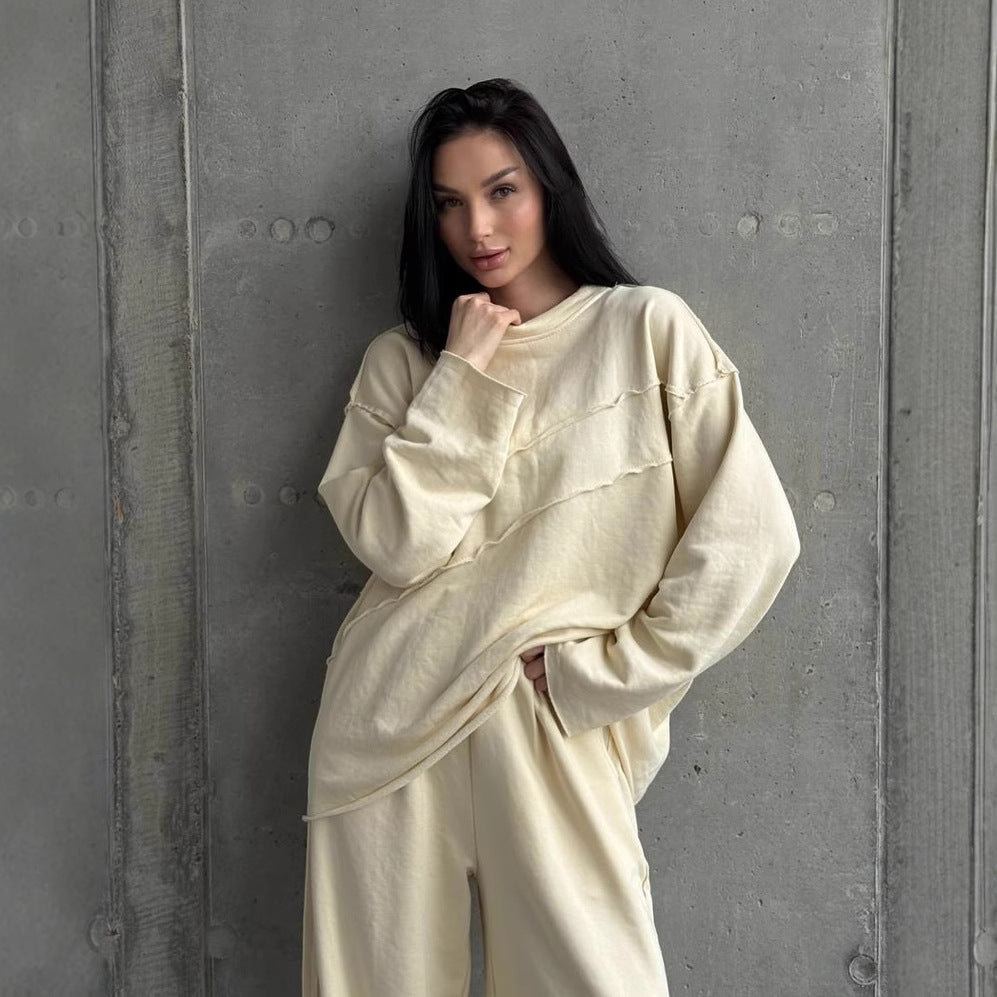 Damen weiches Oversize Lounge-Set mit diagonalem Ziernähten und extra weiter Palazzo-Hose – Élanora