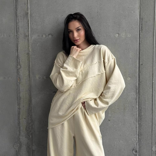 Damen weiches Oversize Lounge-Set mit diagonalem Ziernähten und extra weiter Palazzo-Hose – Élanora