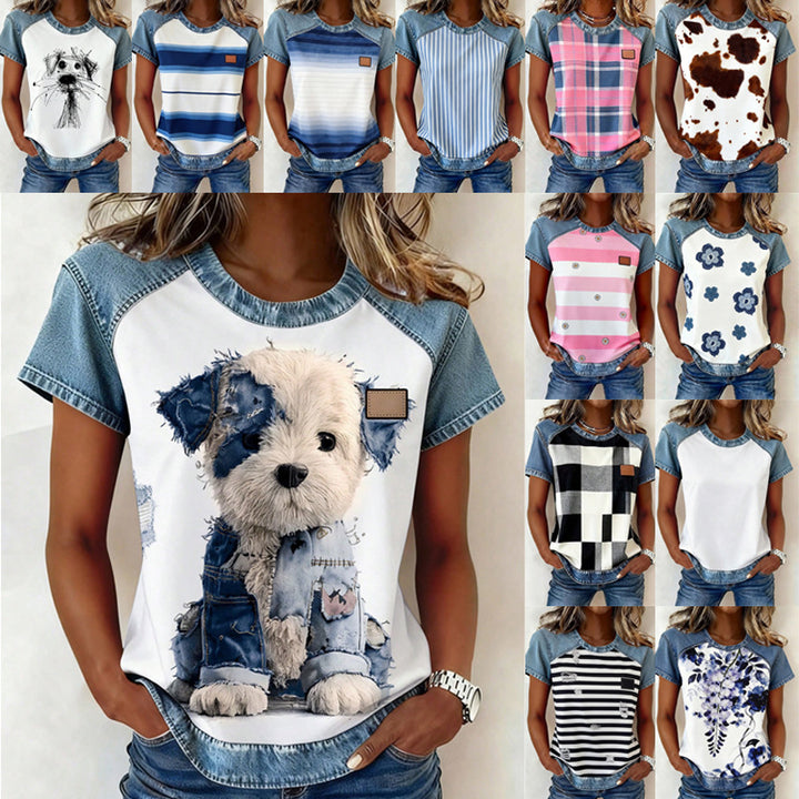 Damen Kurzarmshirt mit Jeans-Einsätzen und Teddy-Patchprint Echo Archiv
