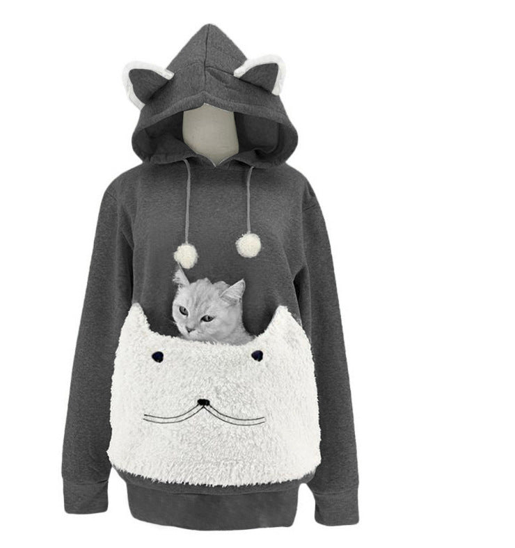 Damen Kuscheliger Kapuzenpullover mit Katzenmotiv und praktischer Känguru-Tasche Echoarchiv
