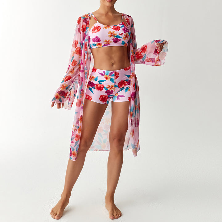 Damen Badeanzug Set mit floralem Oberteil und transparentem Strandüberwurf Echo Archiv