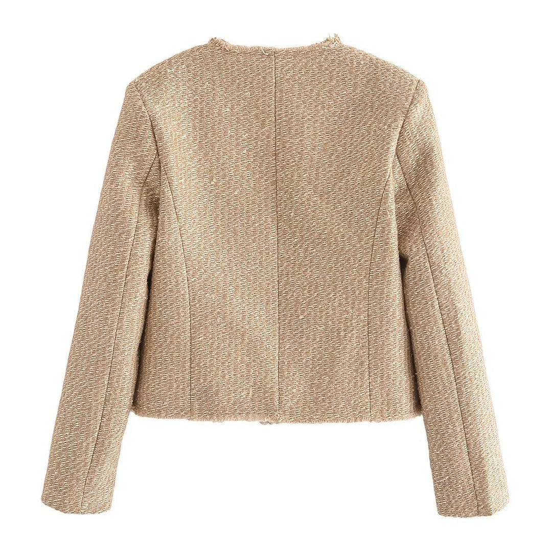 Damen cropped Tweed-Kurzjacke mit Rundhalsausschnitt, goldenen Zierknöpfen und aufgesetzten Taschen – Célinea