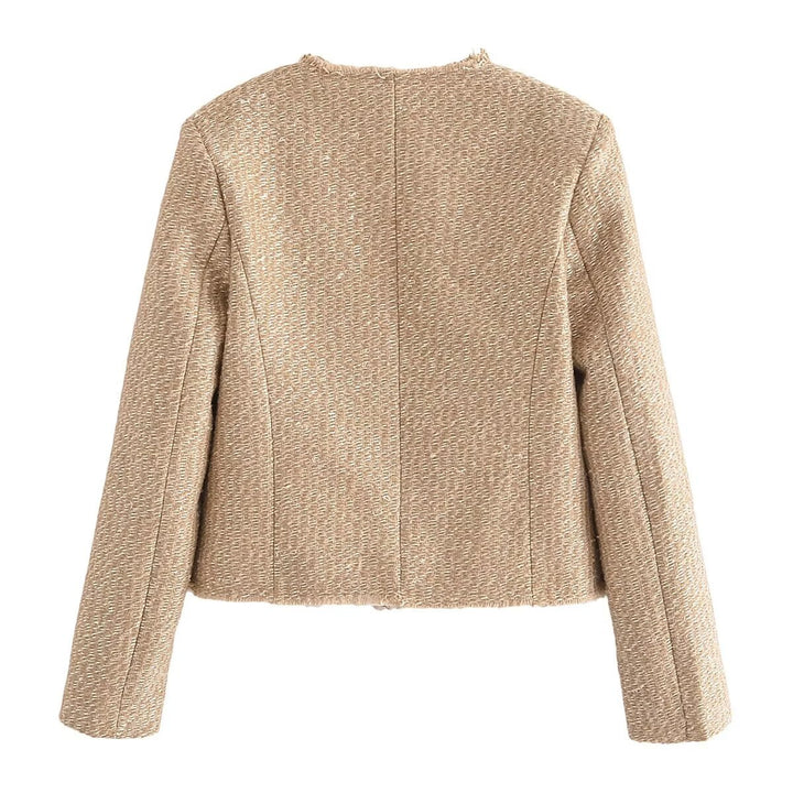 Damen cropped Tweed-Kurzjacke mit Rundhalsausschnitt, goldenen Zierknöpfen und aufgesetzten Taschen – Célinea