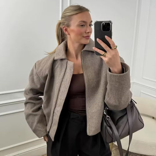 Damen kastig geschnittene Wolloptik-Übergangsjacke mit Hemdkragen und verdecktem Reißverschluss – Célinea