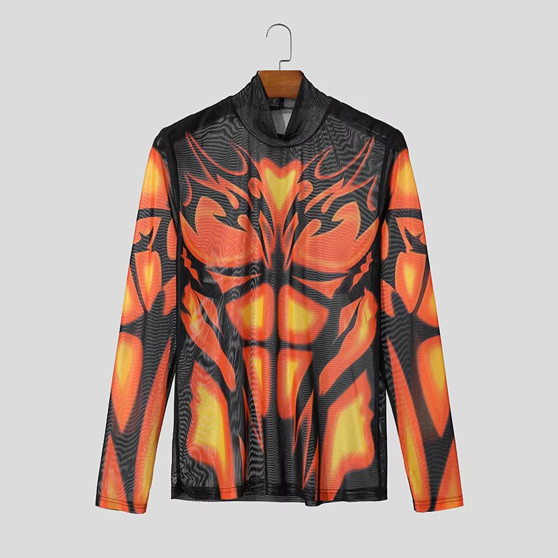 Herren Transparentes Mesh-Langarmshirt mit 3D-Muskeldruck Echoarchiv