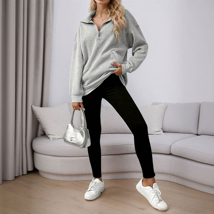 Damen lässiges Oversized-Halbzip-Sweatshirt mit hohem Kragen und Kängurutaschen – Avérine