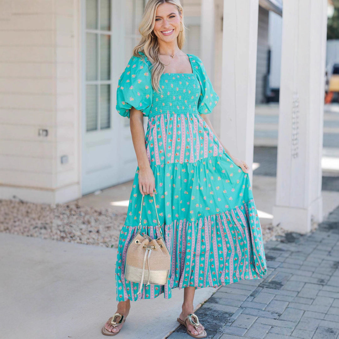 Damen Maxikleid mit gerafftem Oberteil und voluminösen Puffärmeln Echo Archiv