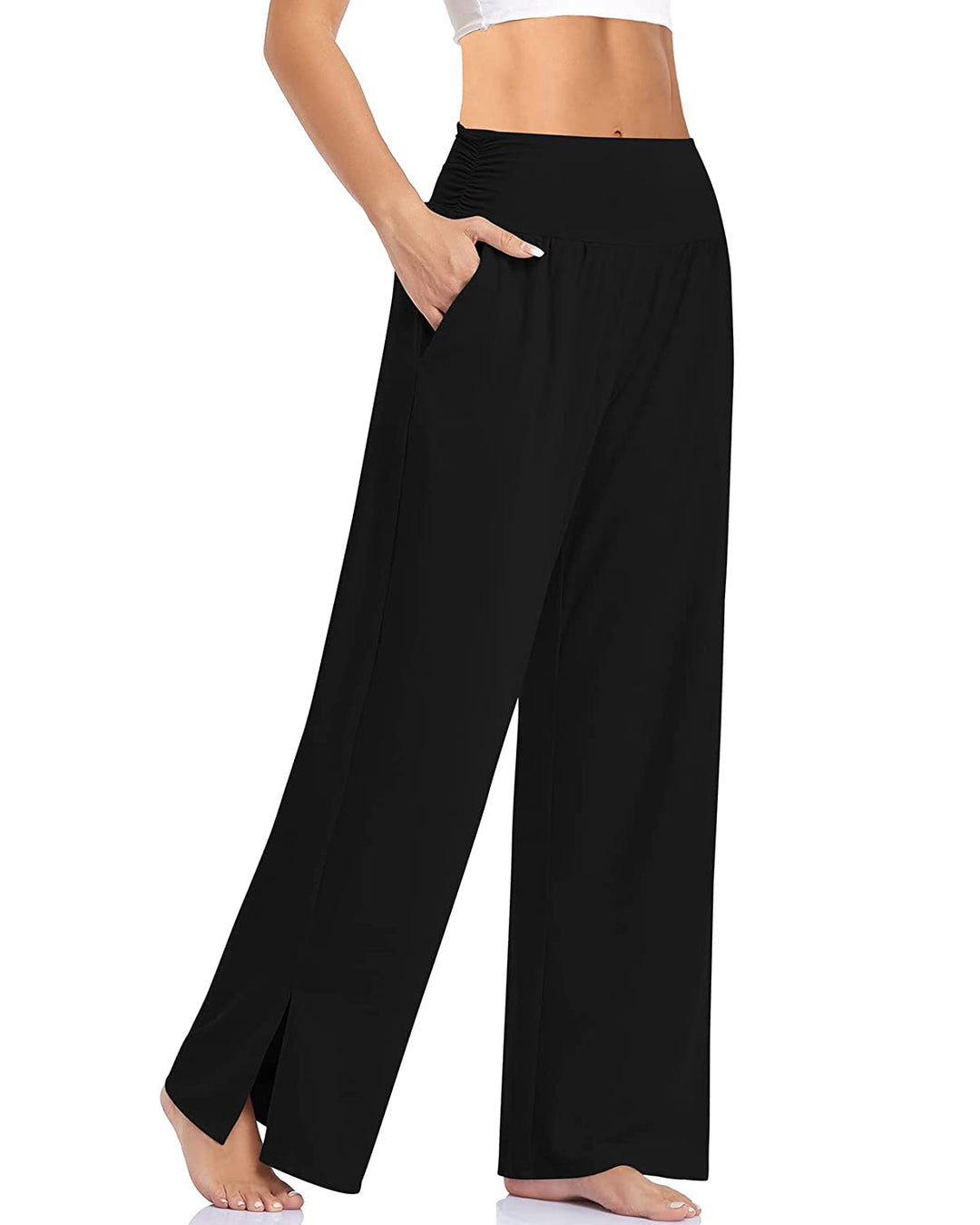 Damen nan weite Yogahose mit hohem Komfortbund, seitlichen Eingrifftaschen und seitlichem Bein-Schlitz Echo Archiv