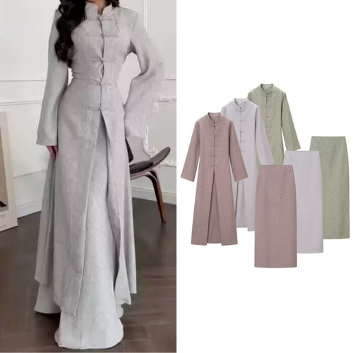 Damen Langärmliges Maxikleid mit Stehkragen Knebelknopfverschluss und vorderem Schlitz Echo Archiv